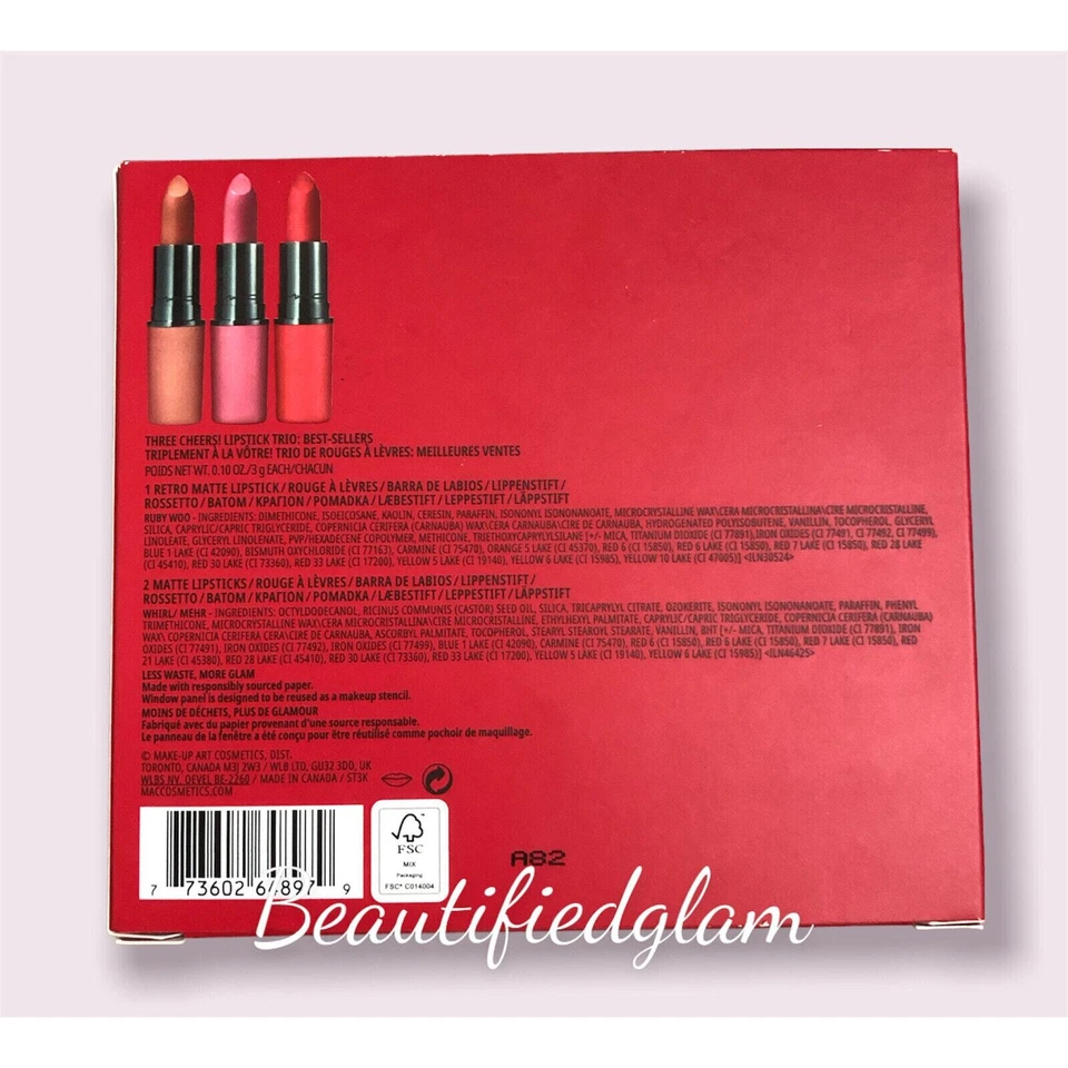 MAC 3 Piece Lipstick Set, Three Cheers! LIPSTICK TRIO, $63 Value Bestsellers, BN - Image 3 of 4