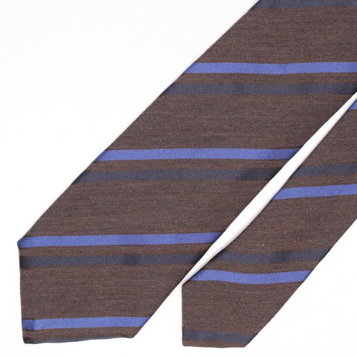 Josiah France Mens Wool Silk Necktie Brown Navy Blue Contrast Stripe Woven Tie - Picture 2 of 8