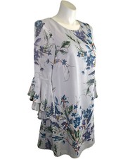 Nine West Dress Size 12 M Medium Gray Floral Chiffon Sheer Flutter Sleeves EUC