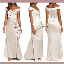 NWT $228 Eliza J [ 6 ] Portrait Collar Off Shoulder Satin Gown in Champagne S460