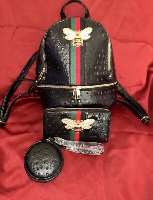 AMERICAN BEE BACKPACK +  WALLET + POUCH 3 IN 1 SET BLACK WITH BEE BROACH NEW