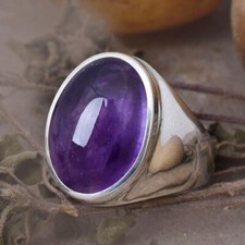 Natural Purple Amethyst Cabochon Gemstone 925 Sterling Silver Men's Gift Ring
