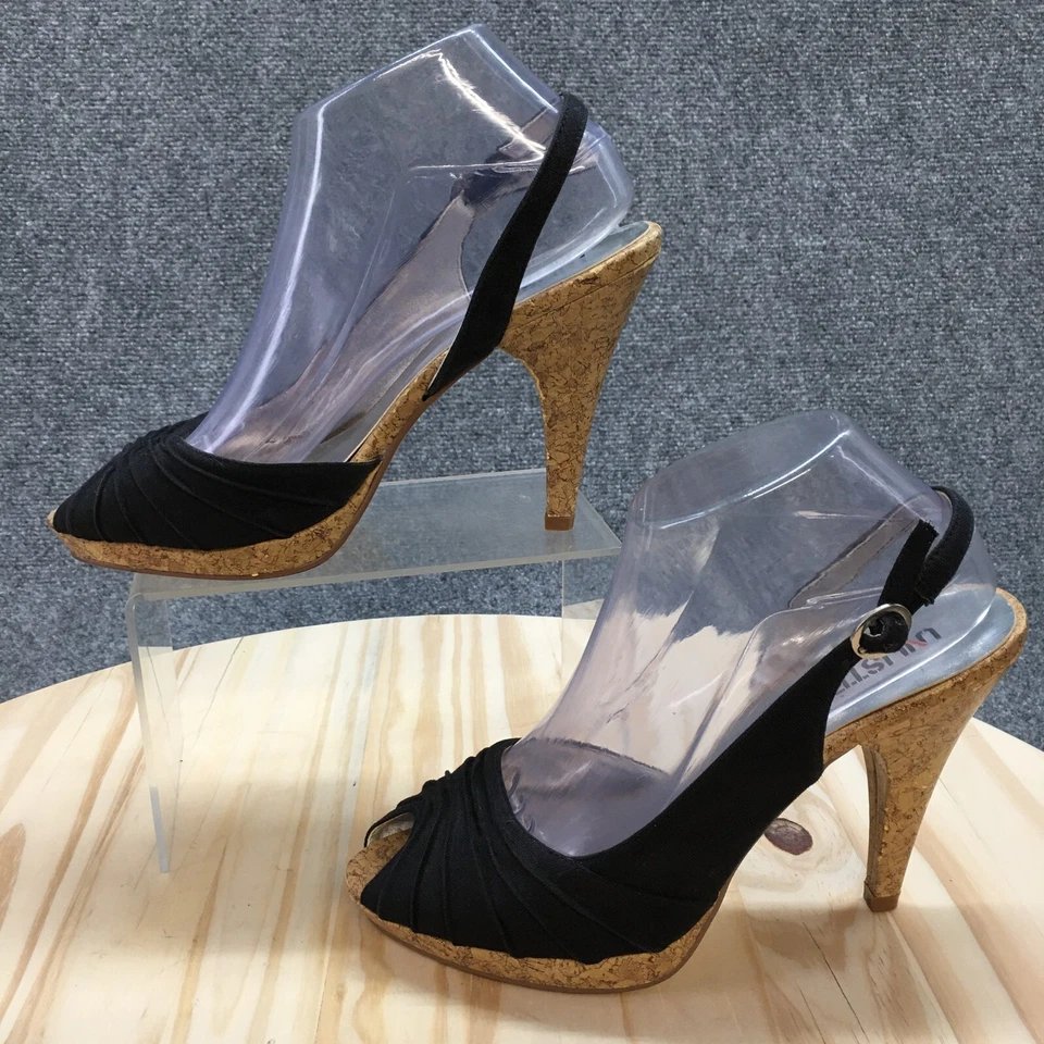 未上市 Kenneth Cole 高跟鞋女式 8.5 M 露跟露趾软木黑色面料 — 第 2/4 张图片