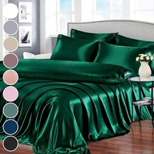 7pcs Satin California King Size Bed Set, Blackish Green Luxury Satin Bedding,...