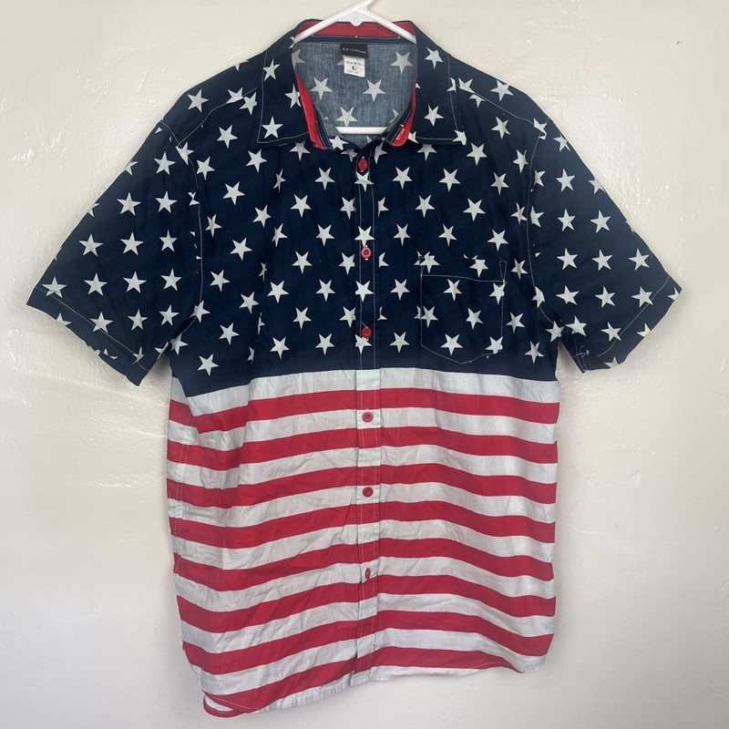 USA FLAG Fifth Sun Shirt Large Stars & Stripes Button Up Short Sleeve Mens