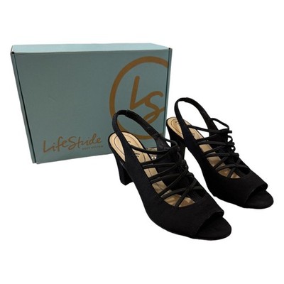 Life Stride Women's Cabaret Black Stretch Dress 3'' Heel Sandals Size 8 with Box