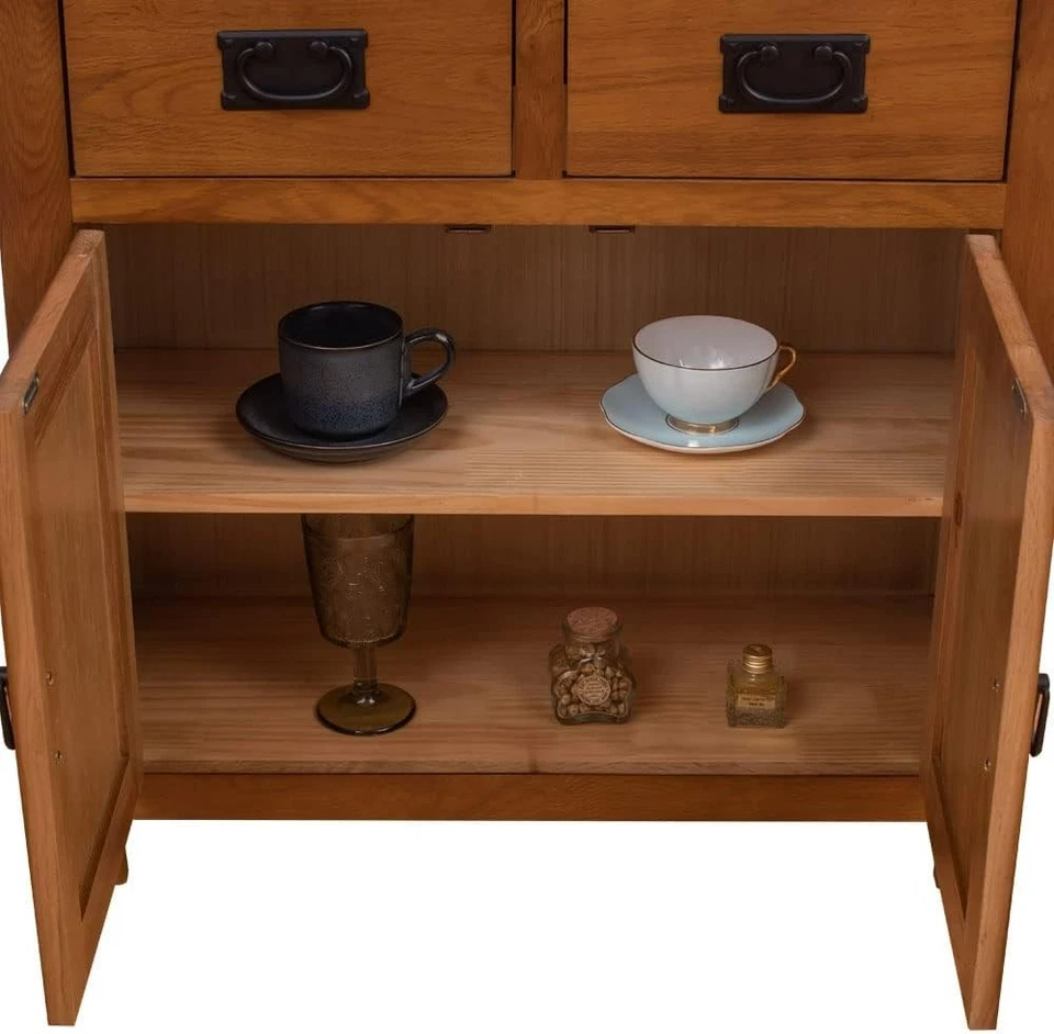 Brown OAK Mini Sideboard with 2 Doors 2 Drawers OAK Buffets Cabinet 75cm - Image 4 of 4
