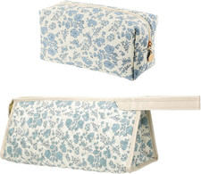 2 Pcs Quilted Hair Tools Travel Bag with Makeup Bag, Portable Blue Floral Organi
