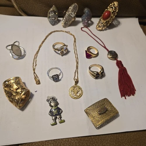 Vintage Costume Jewelry Lot W/ Rings Assorted Styles and Sizes, Necklace, Pin