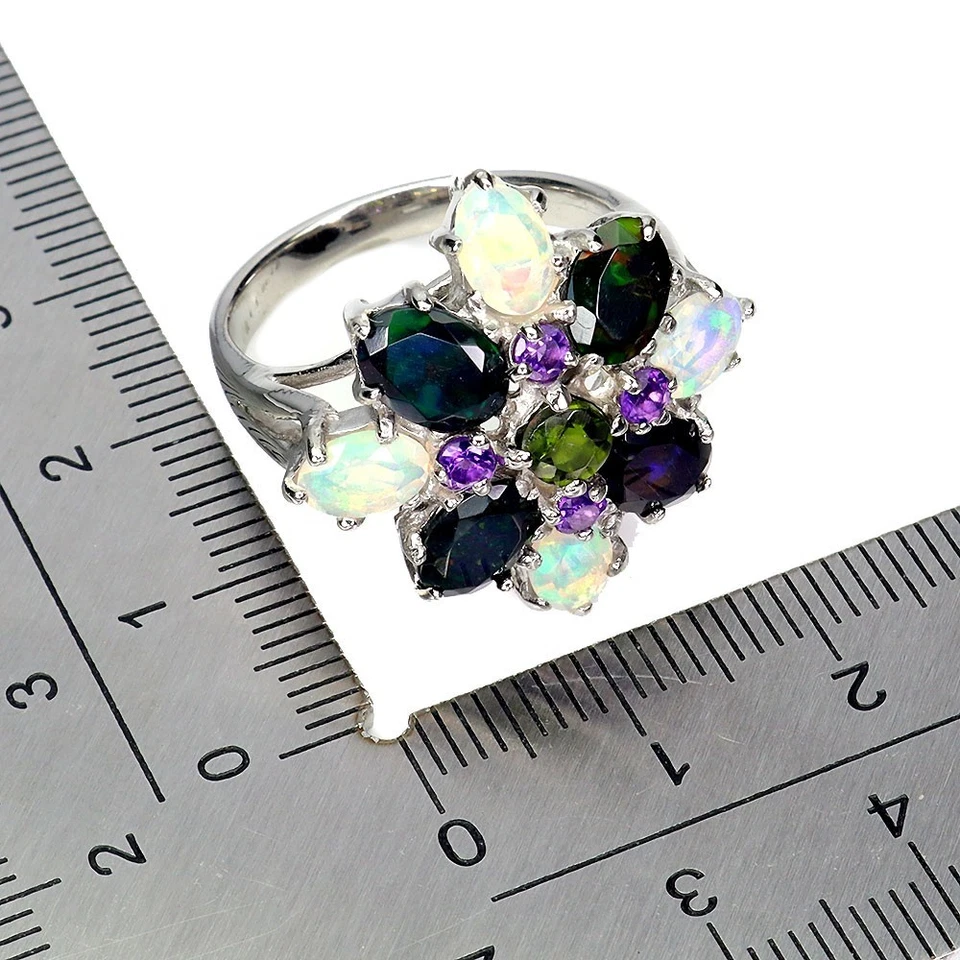 Anello in argento sterling 925 ovale opale nero ametista opale di fuoco... - Immagine 3 di 4