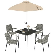 Outsunny 4 Seater Rattan Dining Set with Parasol, Light Grey