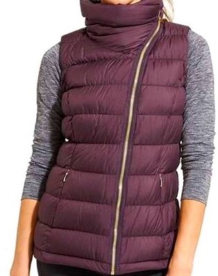 Athleta Women s  Down Puffer Vest Burgundy Asymmetrical Zip Funnel Neck Sz XS