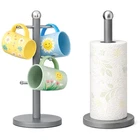 Kitchen Roll Holder Grey and 6 Mug Tree Stand Stainless Steel Storage Set