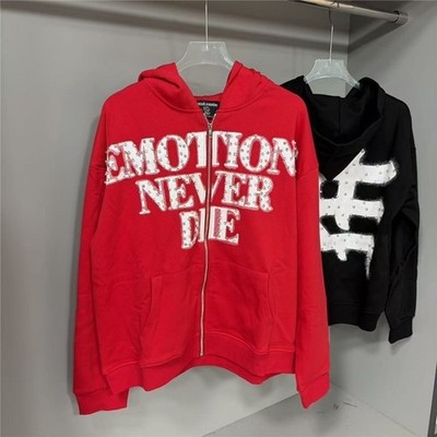 Mixed Emotion - Beaded Letter Print Zippered Hooded Sweatshirt