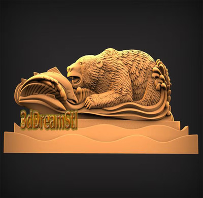 bear hunting fish STL Model, CNC Router, Engraver, Artcam, Aspire, Wood Art