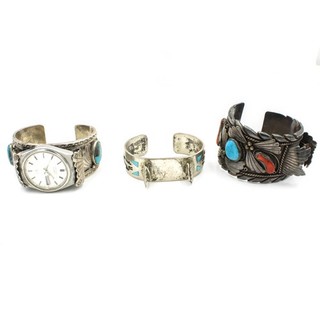 Southwest Sterling Turquoise Red Coral Watch Cuff Bracelets Lot of 3 #S5448 5