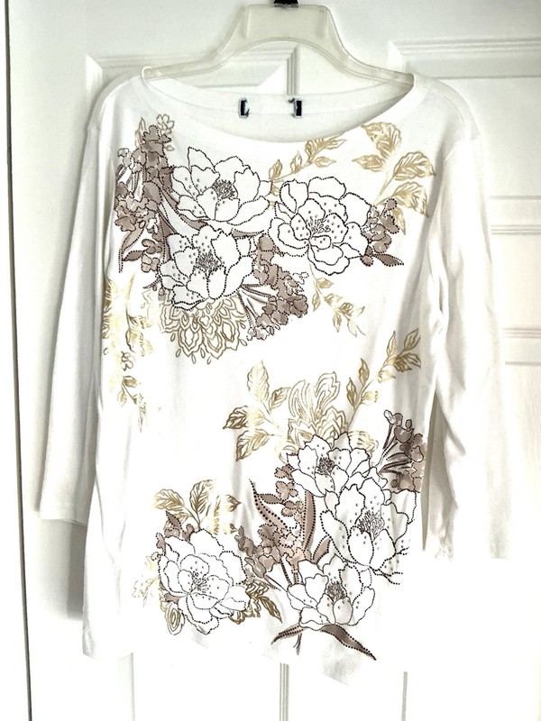 Coldwater Creek White, Gold, Brown Long Sleeve Pullover Top, Medium