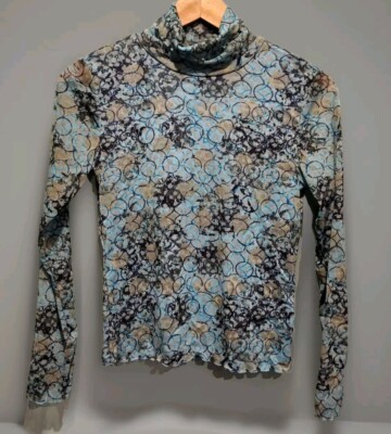 New Blue Geometric Mesh Lined Turtleneck Ruffle Trim Stretch Top Sigrid Olsen S