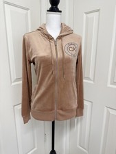 CALVIN KLEIN Womens Velour Logo Zip-Up Hoodie Jacket In Tan Size XS