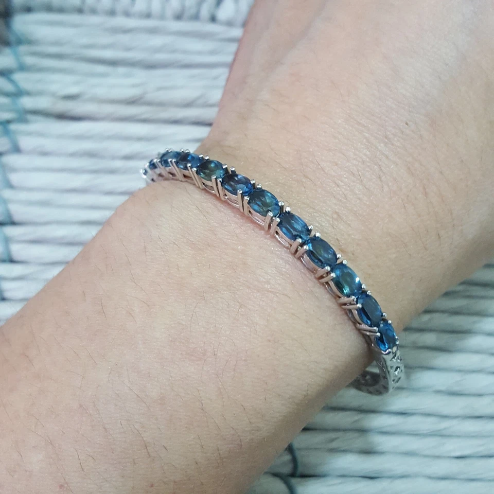 Pulsera Qvc Plata de Ley 925, Brazalete Flexible, Pulsera Topacio Azul Londres Foto 3 de 4