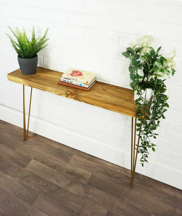 Console Table With Gold Hair Pin Legs Solid Reclaimed Timber Style 24CM X 4.4CM - Image 2 of 4