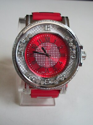 MEN FLOATING STONE TECHNO KING SILVER & RED SILICONE BAND FASHION HIP HOP WATCH