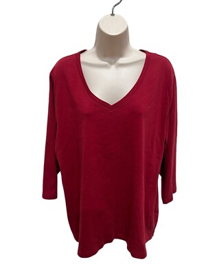 St. John's Bay Womens 3X Red 3/4 Sleeve V-Neck 'Essential Tee' 100% Cotton