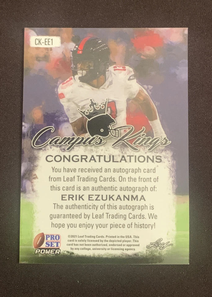 2021 Leaf Pro Set Power Football ERIK EZUKANMA CK-EE1 CAMPUS KINGS AUTO Dolphins - Image 2 of 2