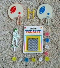 MAGIC RE-LITE CANDLES & VINTAGE MISC CAKE TOPPERS-FOOTBALL-SOCCER-CANDLE HOLDERS