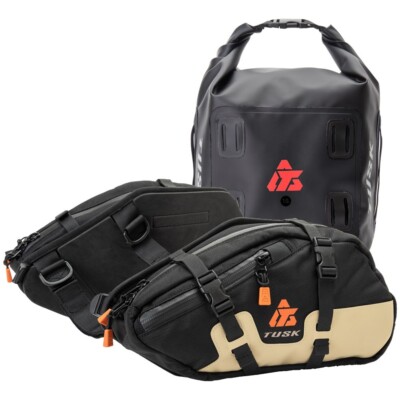 TUSK Traverse Pannier Bags Base System w/X-Small Dry Duffel Tail Bag Black/Tan