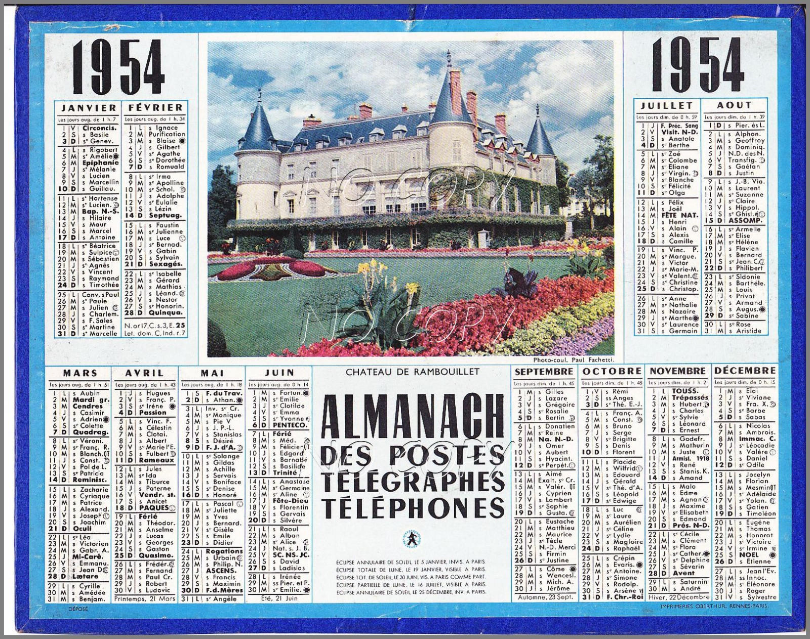 ALMANACH CALENDRIER PTT 1954 CHâTEAU de RAMBOUILLET BE+ cadeau