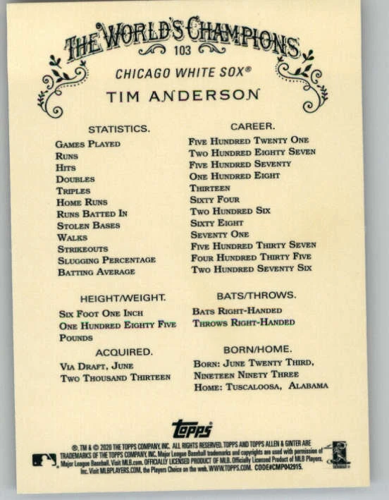 2020 Topps Allen and Ginter Chrome #103 Tim Anderson (ref 159356) - Image 2 of 2