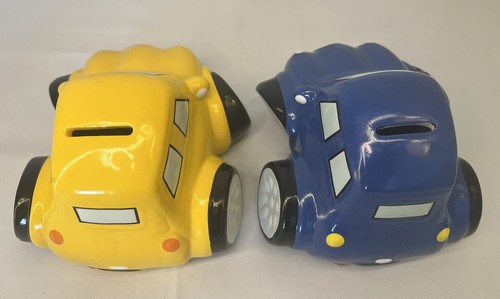 Banco de monedas de cerámica de colección 2 dibujos animados amarillo taxi azul coche cabina coche pintado de goma - Imagen 6 de 16
