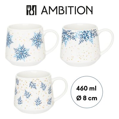 Kaffeebecher Kaffeetasse Winter 460 ml Wintermotiv Porzellan Weiß Blau Gold