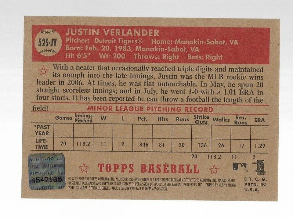2006 Topps 52 Style Justin Verlander Rookie Auto - Image 2 of 2