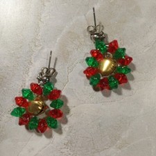 Christmas Wreath Fashion Stud Earrings Jewelry, Glass Beads  Brass Jingle Bells