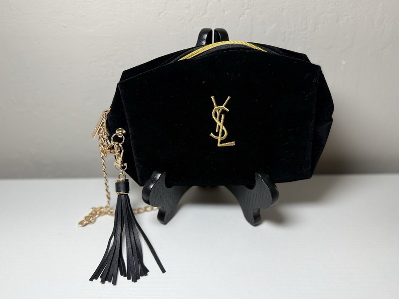 YSL Black Velvet Gold Chain Bag Tassel Charm Parfums Mini Pouch Crossbody