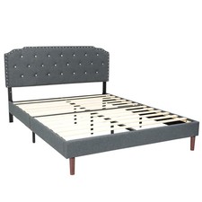 Full Upholstered Bed Frame Adjustable Diamond Button Headboard w/ Wooden Slats