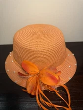 Ladies Orange Paper Straw Cloche Hat Feather Pearl Flower Fedora Elegant Hats