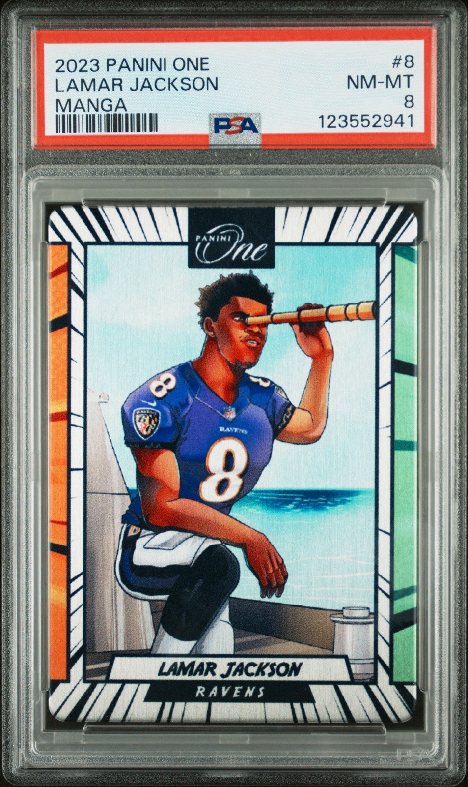 2023 Panini One - Lamar Jackson #8 - Manga - Metal SSP Case Hit - PSA 8 NM-MT
