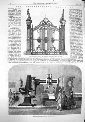 Original alter antiker Druck 1862 Iron Gates Whitworth Radialbohrmaschine