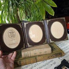 Vintage folding photo frame the mander frame company faux leather golden ornate 