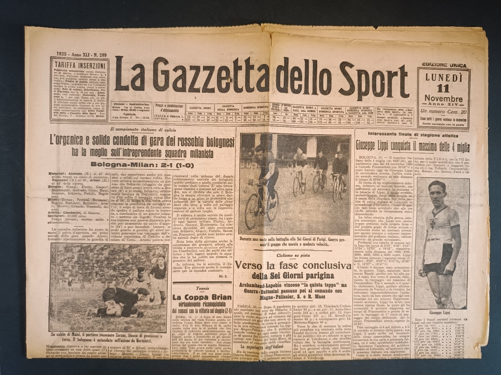 Giornale La Gazzetta dello Sport 11 Novembre 1935 N.269 Bologna Milan