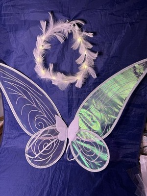 Kids White Fairy Wings & Light Up Feather Headband for Angel or Fairy Costume