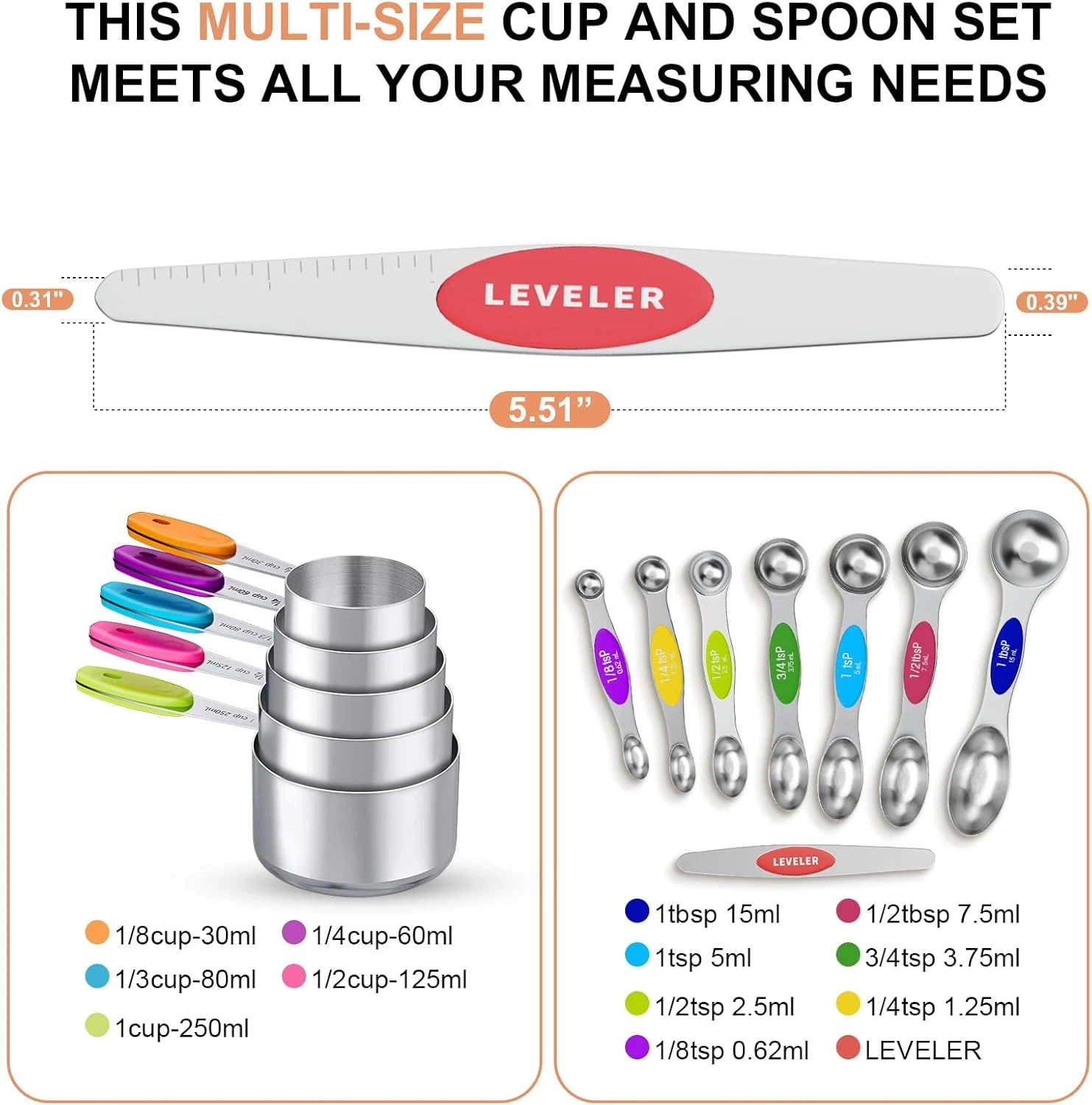 13-PC Measuring Cups Magnetic Spoons Set 5 Stainless Steel 7 Double-Sided 1