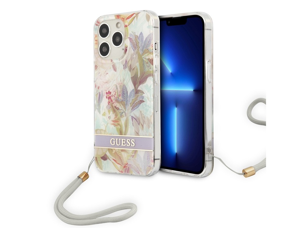 Coque iPhone 13 Pro Guess lavande à fleurs avec cordon nylon - 2