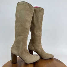 Womens Lanvin Taupe Brown Suede Pull On Block Heel Knee High Boots Size EU 38.5