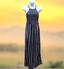 ALTAR'D STATE Maxi Dress Slit Front Jumper Style Size Small Navy Striped S Cute