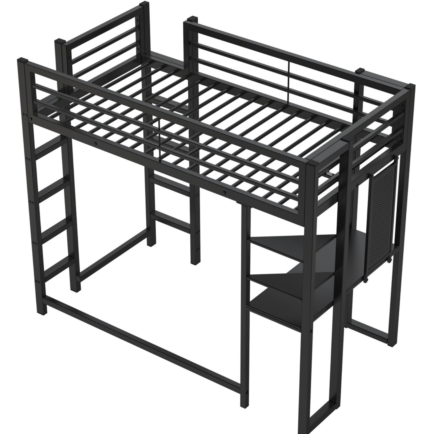 Twin/Full Size Metal Loft Bed Frame with Desk & Storage Shelves for Teens Black