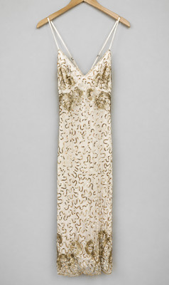 Vintage Y2K Betsey Johnson Ivory Gold Sequin Slip Midi Dress